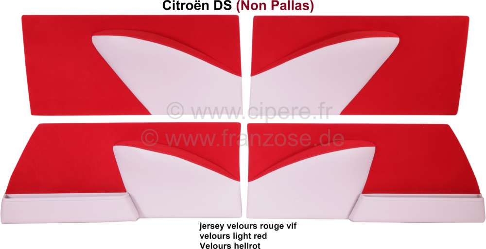 Citroen-DS-11CV-HY - DS Non Pallas, Türverkleidungungssatz (4 Stück). Velour hellrot (vif). Passend für Citr