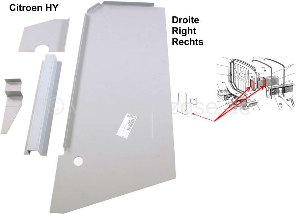 Citroen-DS-11CV-HY - Radkasten Stirnwandblech rechts + mittiges Blech im rechten Radkasten. Passend für Citroe