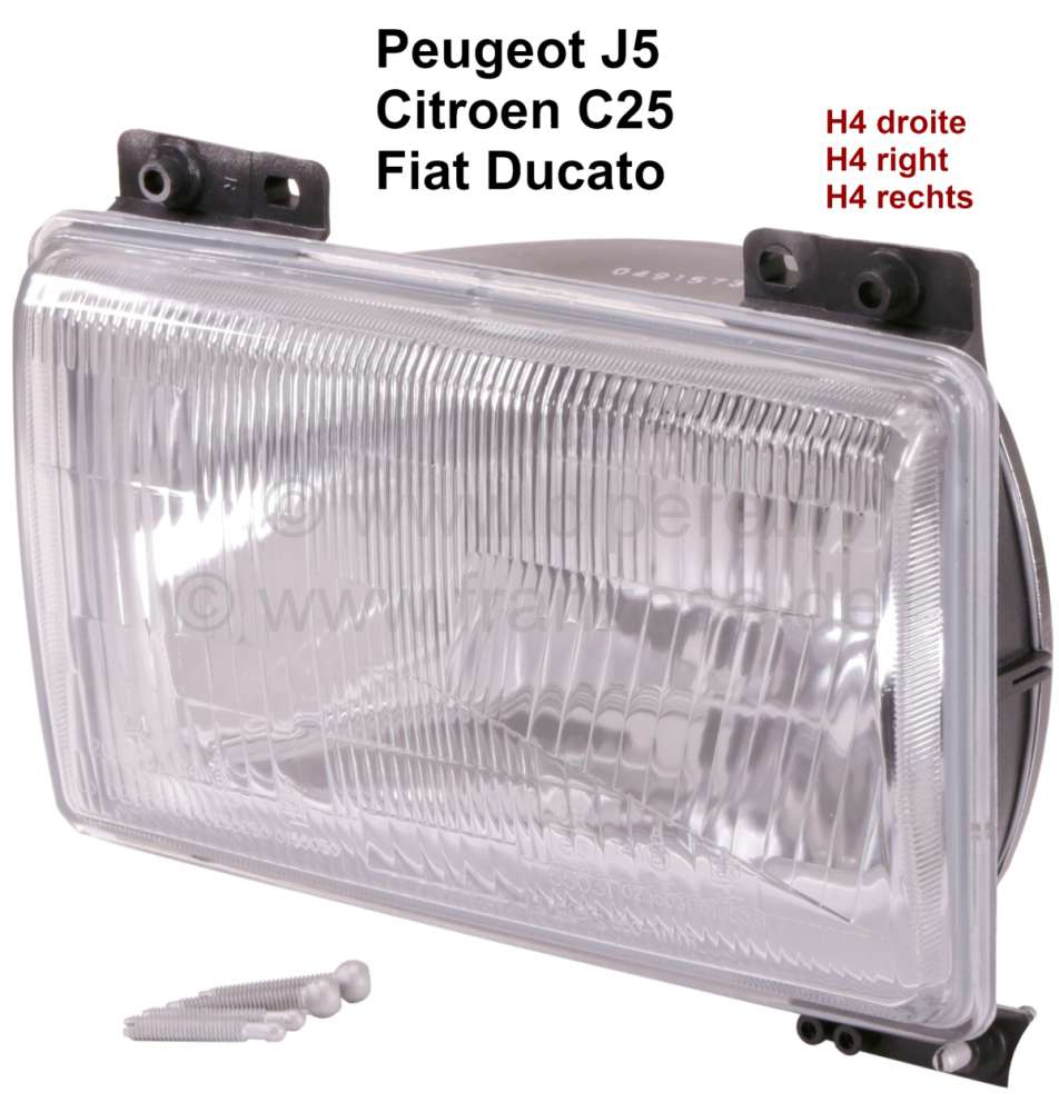 Peugeot - J5/C25/Ducato, Scheinwerfer H4 rechts, ohne Leuchtweitenregulierung. Peugeot J5 + Citroen 