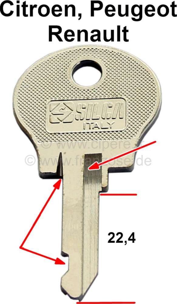 Schlüsselrohling für Zündschloss + Türschloss. Passend für Peugeot 104. 204  ab 1965. 304 ab 1969. 404 ab 1965. 504