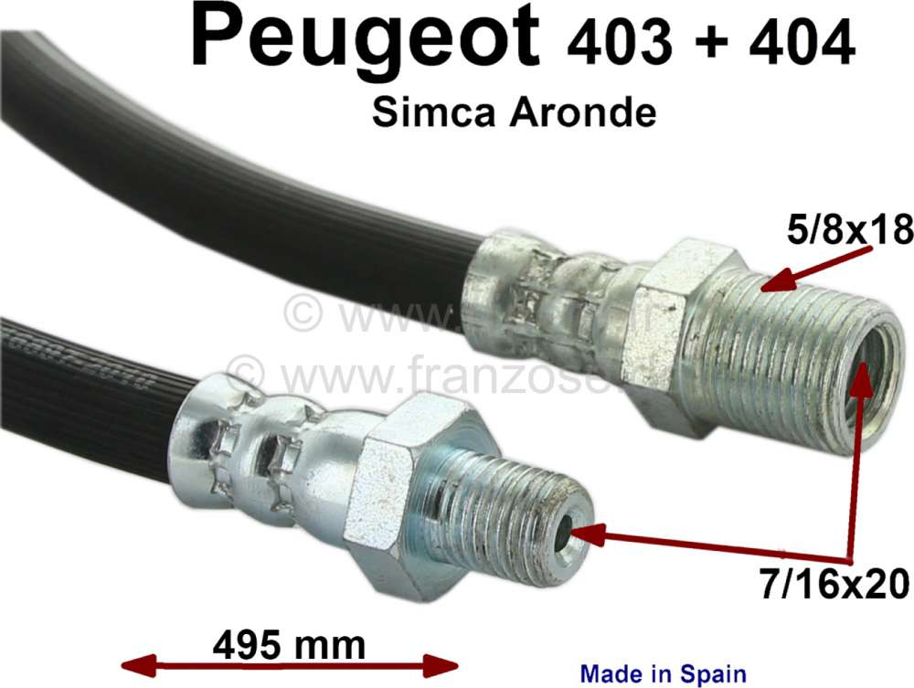 Peugeot - P 403/404, Bremsschlauch hinten. Länge: 495mm. Passend für Peugeot 404, erste Baujahre. 