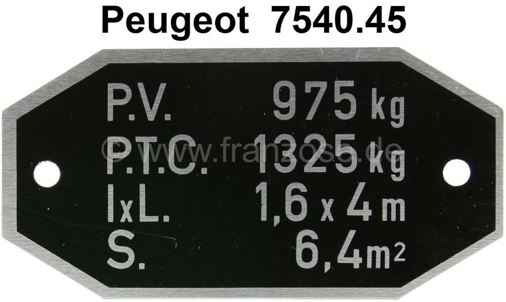 Peugeot - P 204, Ladegewichtsschild (Typenschild Gewicht) passend für Peugeot 204, bis Salon 1969. 