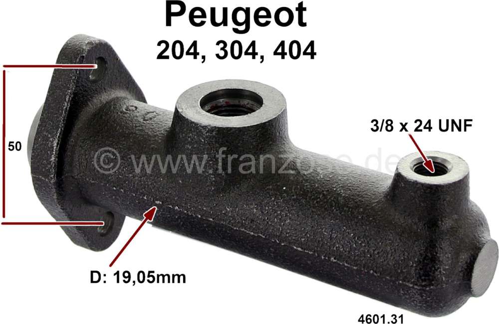 Peugeot - P 204/304/404, Hauptbremszylinder, Einkreis Bremsanlage. 19mm Kolbendurchmesser. Passend f