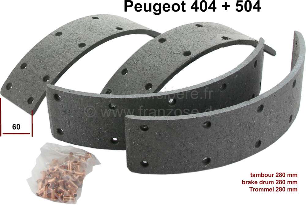 Peugeot - Bremsbackenbeläge Peugeot 404, 504, Hinterachse. zum aufnieten, Breite 60,0mm, Trommel 28