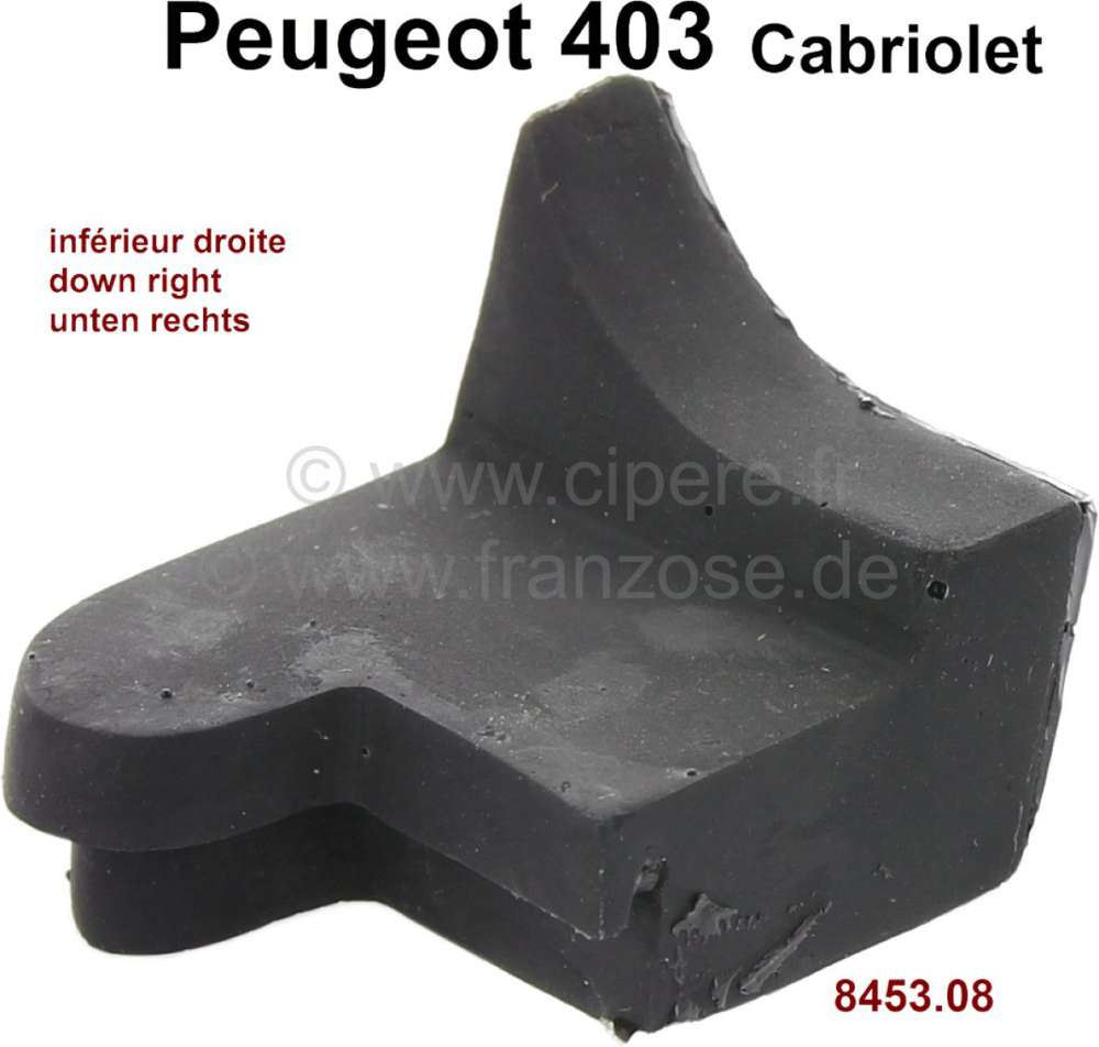 Peugeot - P 403, Gummidichtung Ecke unten, am rechten Verdeckspriegel. Passend für Peugeot 403 Cabr