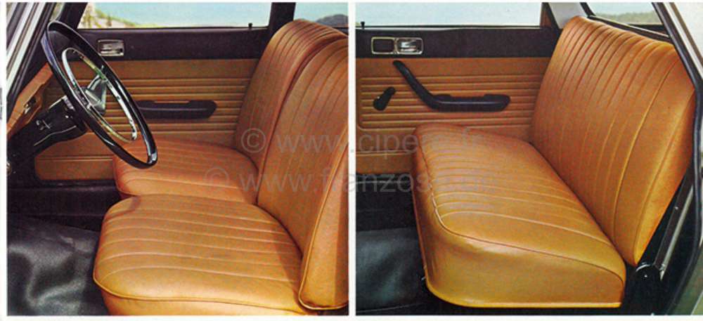 P 404, Sitzbezüge (2x Sitz vorne, 1x Sitzbank hinten). Farbe: Leder  hellbraun (cognac). Passend für Peugeot 404 Limous