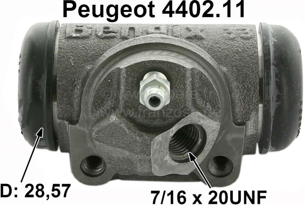 Peugeot - P 203/403/404, Radbremszylinder hinten. Kolbendurchmesser: 28,57mm. Bremsleitungsanschluß