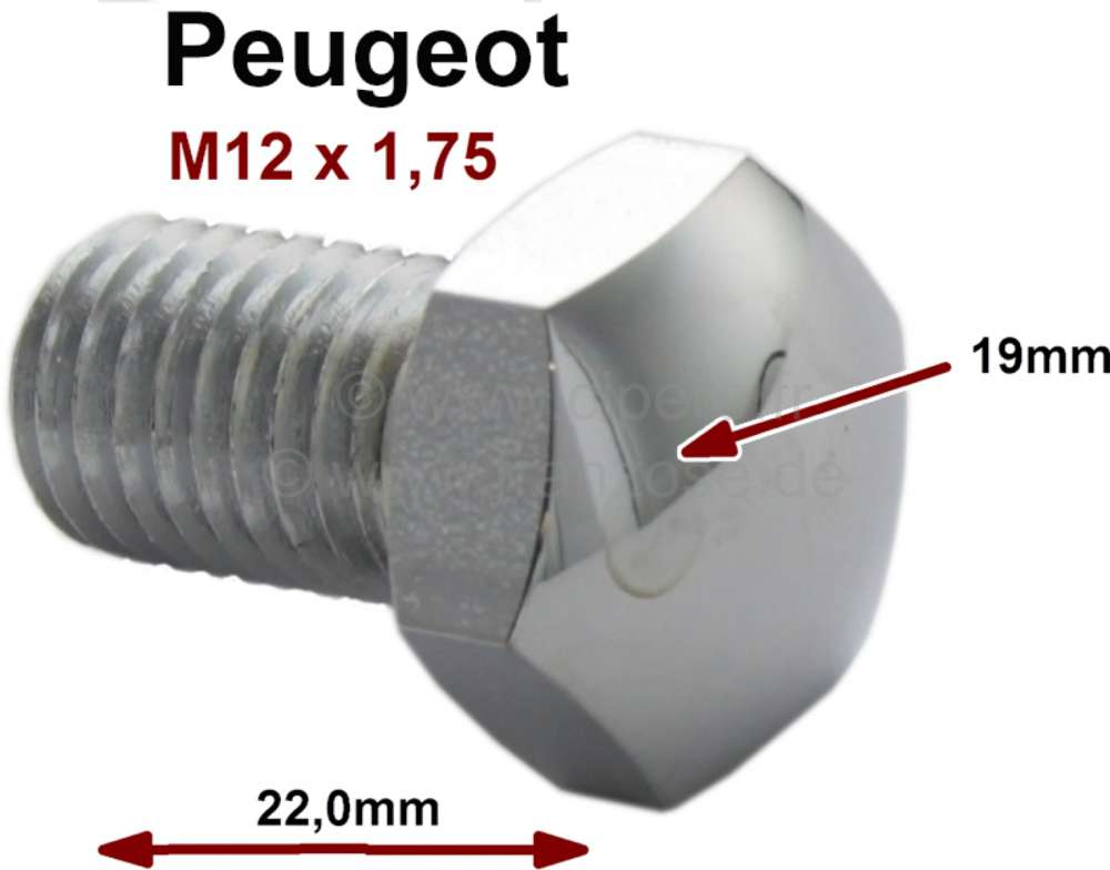 Peugeot - Radkappen Schraube. Passend für Peugeot 203, 403, 404. Gewinde: M12 x 1,75. Länge: 22mm.