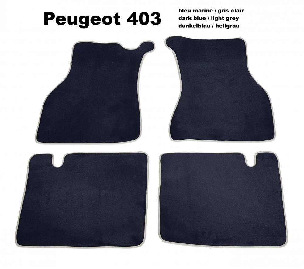 Peugeot - P 403, Fußmattensatz. Velour Exellence dunkelblau (Bleu marine) mit hellgrauer (Gris clai