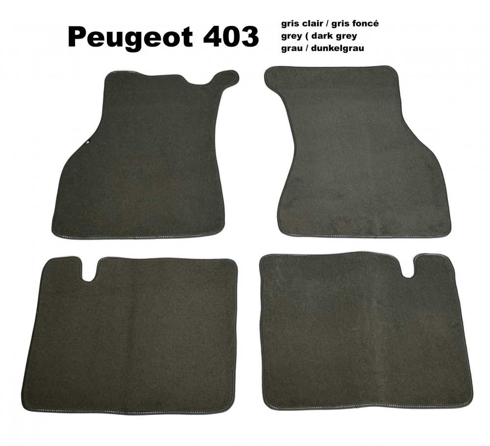 Peugeot - P 403, Fußmattensatz. Velour Exellence hellgrau (Gris clair) mit dunkelgrauer (Gris fonc�