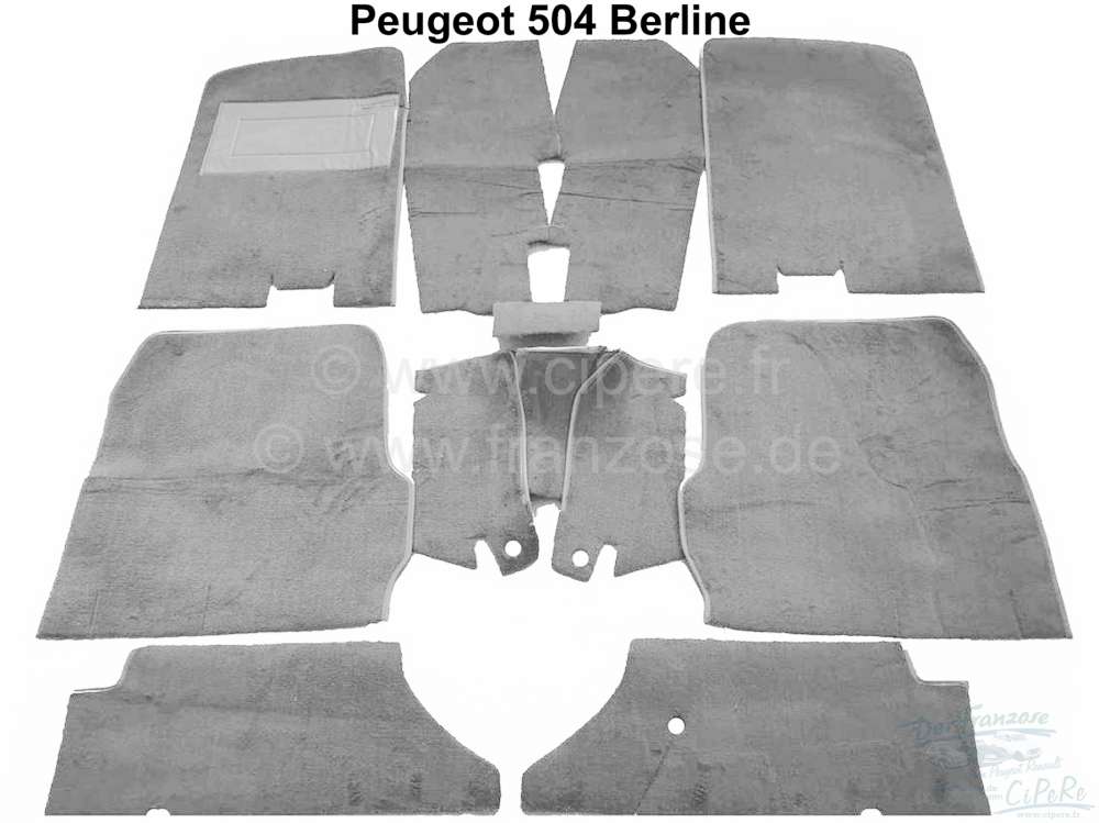 Peugeot - P 504, Teppichsatz Velour silbergrau, für Peugeot 504 Limousine. 9 teilig, Ketteleinfassu