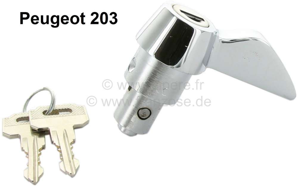 P 203, Kofferraumgriff mit Schloßeinsatz (Schließzylinder) + 2 Schlüssel.  Passend für Peugeot 203.