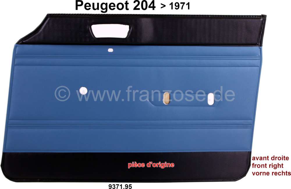 P 204, Türverkleidung vorne rechts. Farbe: Kunstleder blau-schwarz  (turquoise 3172). Passend für Peugeot 204 (Limousin