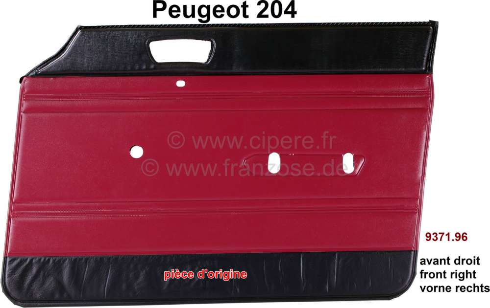 Peugeot - P 204, Türverkleidung vorne rechts. Farbe: Kunstleder weinrot-schwarz (rouge 3103). Passe