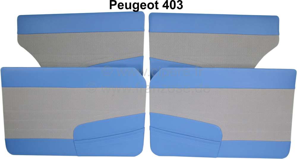 Peugeot - P 403, Türverkleidungen Satz (4 Stück). Farbe: grau-blau (Bleu Médit + Tissu Ecorce). P