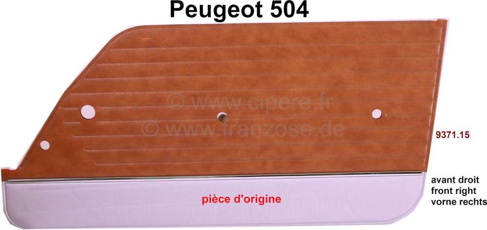 P 504, Türverkleidung vorne rechts. Passend für Peugeot 504. Material:  Kunstleder. Farbe: beige. Unten silber. Or. Nr.