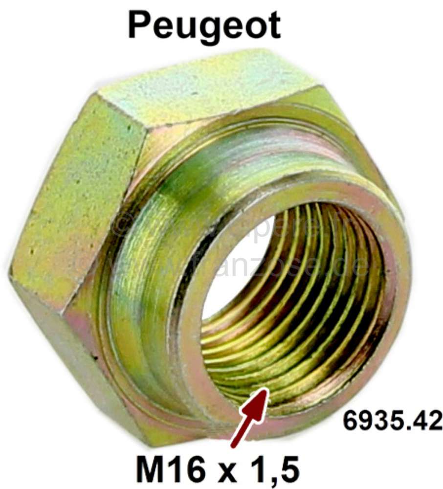 Peugeot - Achsmutter, Peugeot 104, 204, 304, 305, 404, 504. Gewinde M16x1,5. Schlüsselweite 24mm. O