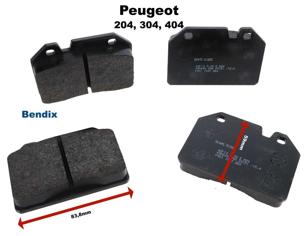 Peugeot - P 204/304/404, Bremsklötze vorne, Syatem Bendix. Passend für alle Peugeot 204. Peugeot 3