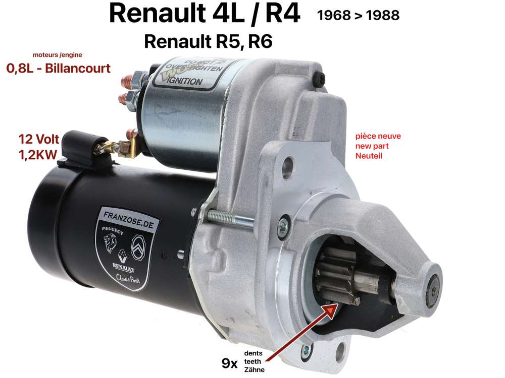 Renault - Anlasser Hochleistung. Passend für Renault R4, R5, R6, alle mit 0,8L Motor. Von Baujahr 1