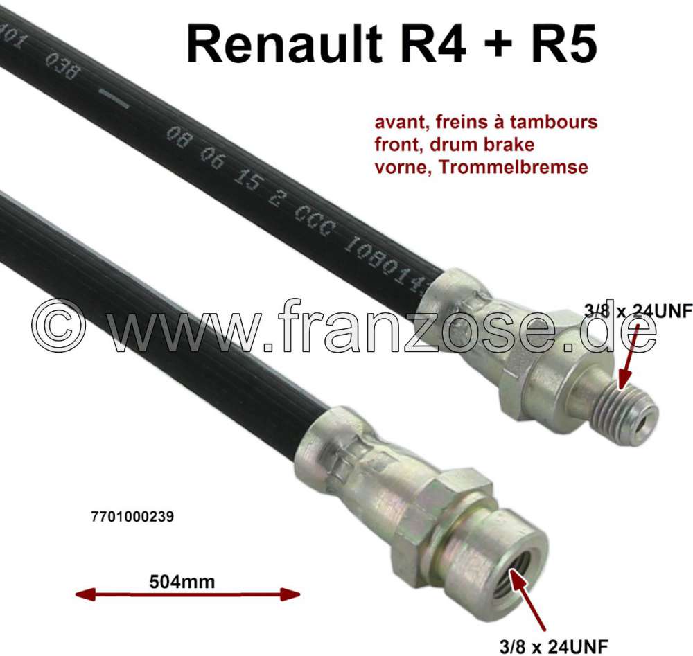 Renault - R4/R5, Bremsschlauch vorne. Passend für Renault R4, ab Baujahr 1976 (Trommmelbremse). Ren
