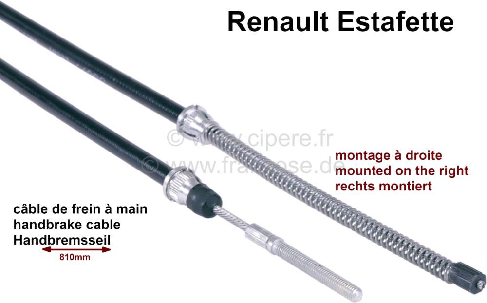 Renault - Estafette, Handbremsseil. Passend für Renault Estafette. Länge: 810mm. Montage: Rechts +