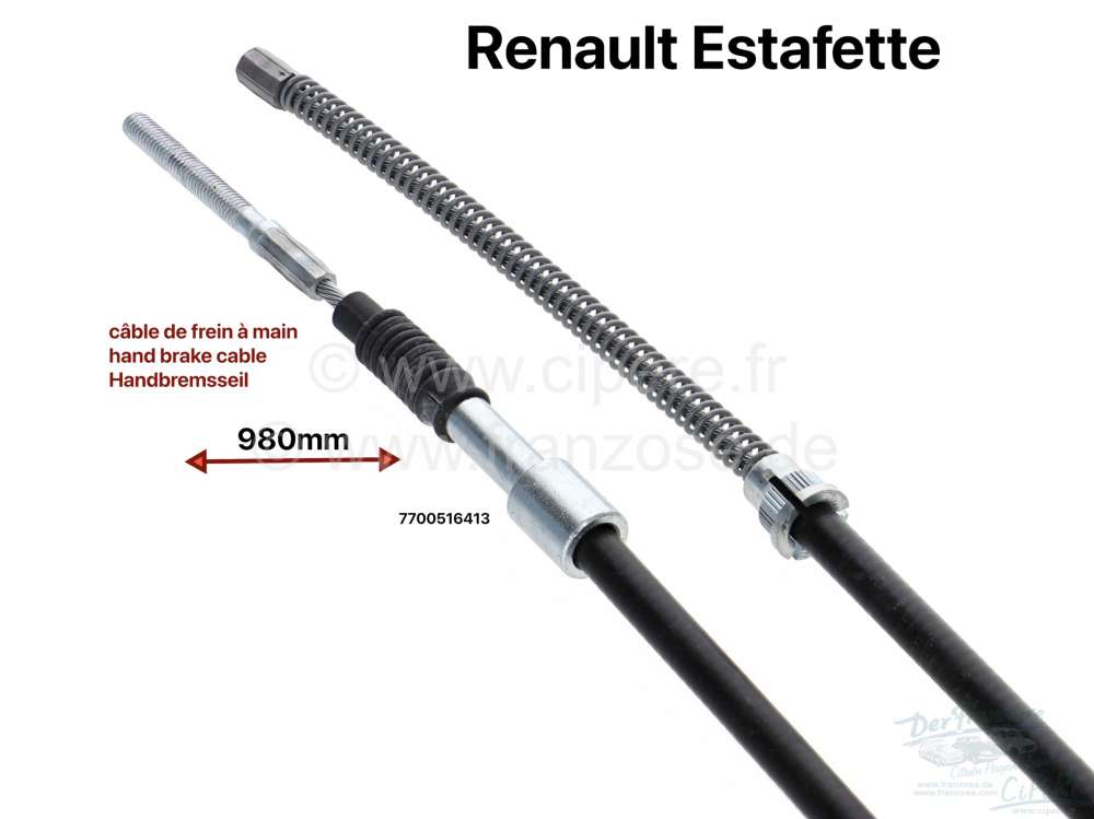 Renault - Estafette, Handbremsseil. Passend für Renault Estafette. Länge: 980mm. Montage: Links + 