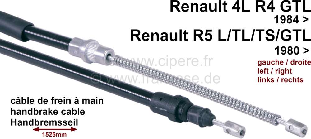 Renault - R4, Handbremsseil, hinten links + rechts passend (per Stück). Passend für Renault 4 GTL,