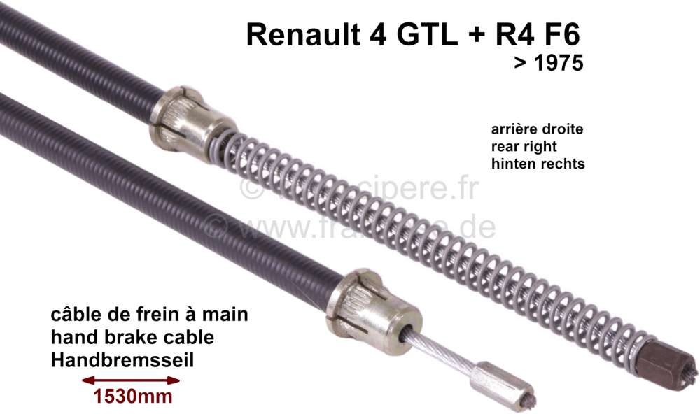 Renault - R4, Handbremsseil, hinten rechts. Passend für Renault 4 GTL + R4 F6, bis Baujahr 1975. T