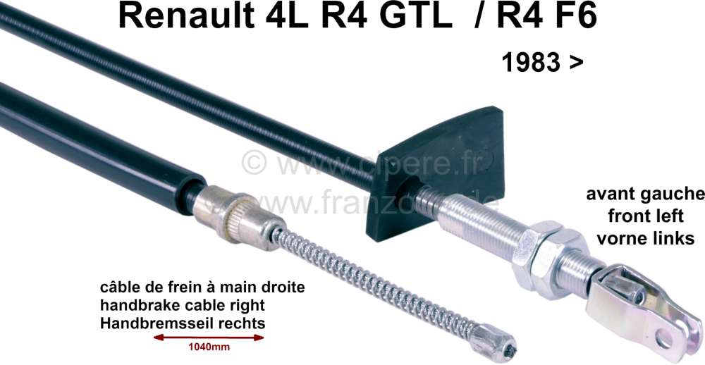 Renault - R4, Handbremsseil, vorne links. Passend für Renault 4 GTL, vorne links + Renault R4 F6 (a