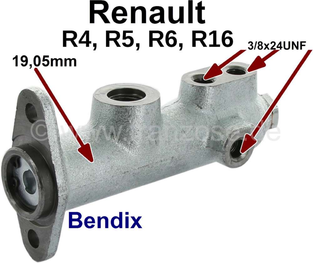 Renault - R4/R5/R6/R16, Hauptbremszylinder. Bremssystem: Bendix. Kolbendurchmesser: 19,05mm. Passend