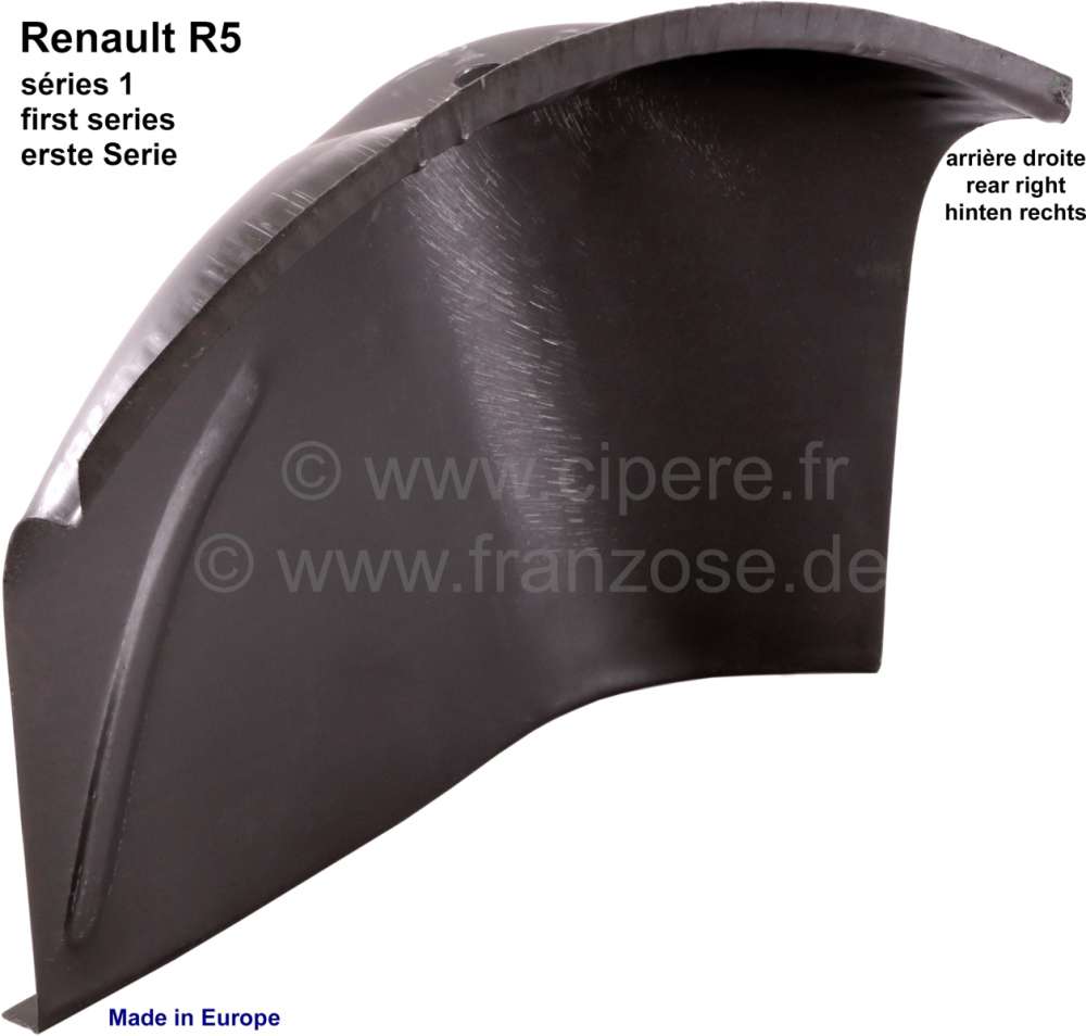 Renault - R5, Federbeinblech hinten rechts, Renault R5, 1 Serie. Nachfertigung mit allen Sicken und 