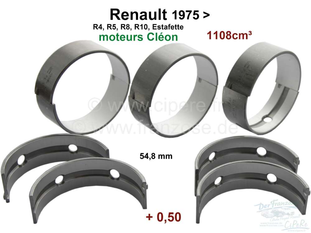 Renault - R4/R5/R8/R10/Estafette, Kurbelwellenlager (5 Lager, C = Cleon). Für Kurbelwellen mit 54,8