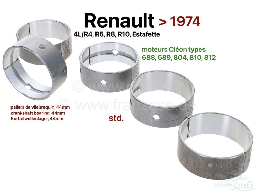 Renault - R4/R5/R8/R10/Estafette, Kurbelwellenlager (5 Lager, C = Cleon). Für Kurbelwellen mit 44mm