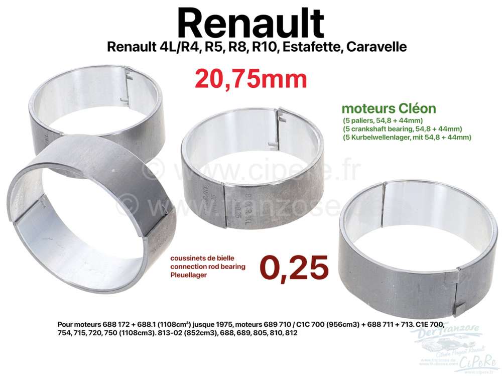 Renault - R4/R5/R8/R10/Estafette/Caravelle, Pleuellagersatz. Breite: 20,75mm. 1 Übermaß (+0,25). P