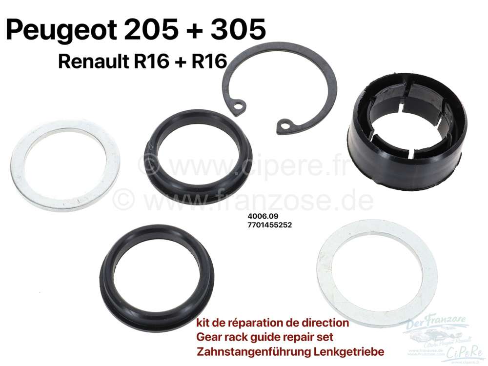 Peugeot - Zahnstangenführung Reparatursatz, passend für Peugeot 205 + 305, Renault R12 + R16. Or. 
