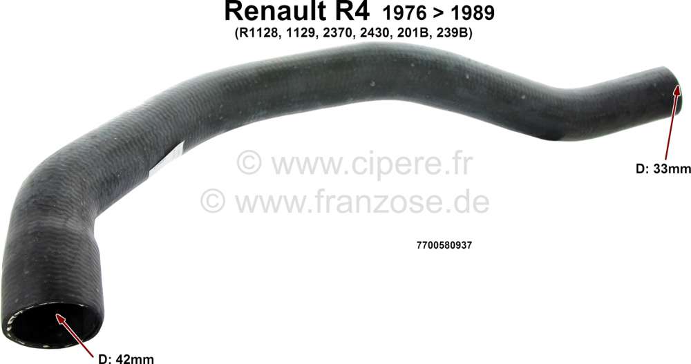 Renault - R4, Kühlerschlauch Zufuhr Kühler. Passend für Renault R4, von Baujahr 1976 bis 1989 (R1