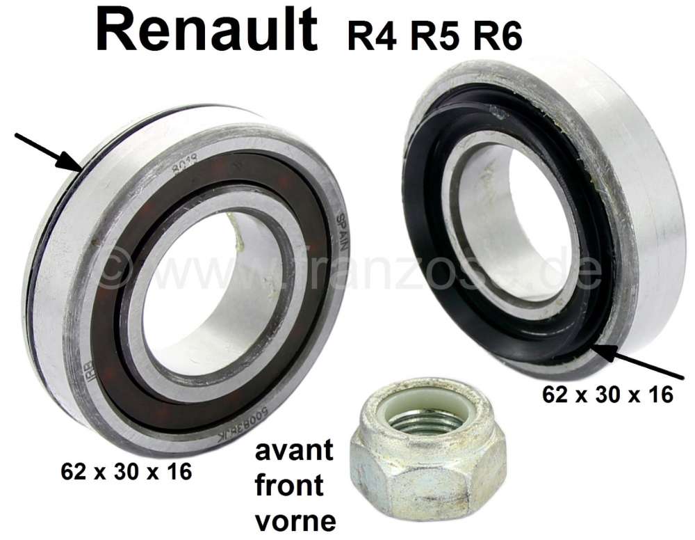 Renault - Radlagersatz vorne. Passend für Renault R4, R5, R6. Abmessung Lager 1: 62 x 30 x 16. Lage