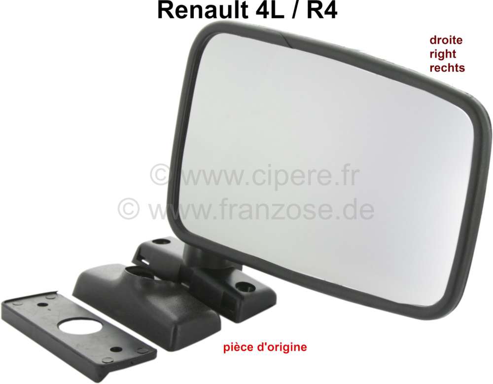 R4, Spiegel rechts (Kunststoffgehäuse, schwarz). Passend für Renault R4,  letzte Ausführung. Lochabstand für die Befe