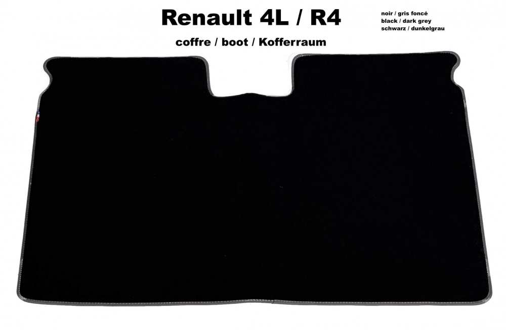 Renault - R4, Kofferraummatte Renault R4. Velour schwarz, grau (gris foncé) eingefasst. Passend zu 