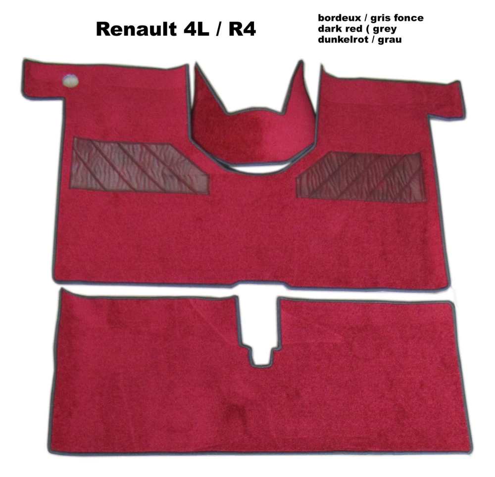 Citroen-2CV - R4, Teppichsatz. Velour Exellence bordeux (noir) mit dunkelgrauer (gris foncé) Kunstleder