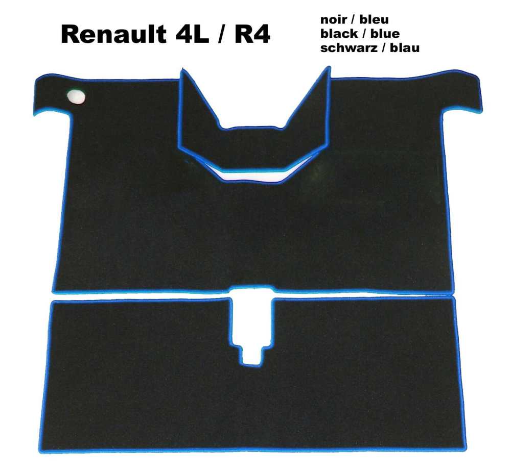 Renault - R4, Teppichsatz. Velour Exellence schwarz (noir) mit blauer (bleu) Kunstleder Einfassung (