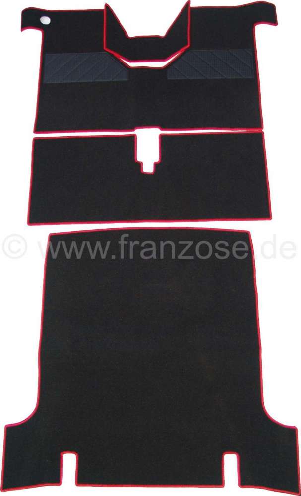 Renault - R4, Teppichsatz. Velour Exellence schwarz (noir) mit roter (rouge) Kunstleder Einfassung (
