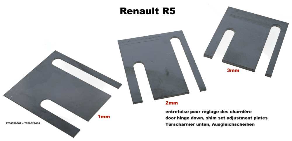 Renault - R5, Türscharnier unten, Ausgleichscheiben Satz (Einstellplatten, 1,0 + 2,0 + 3,0mm). Pass
