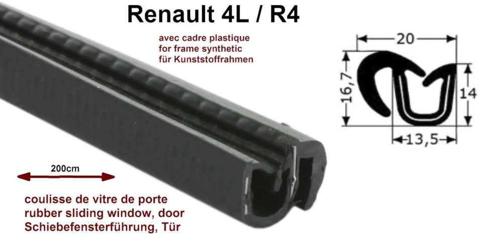 Renault - R4, Schiebefensterführung, passend für Renault R4, mit Kunststoffrahmen! Länge: 200cm. 