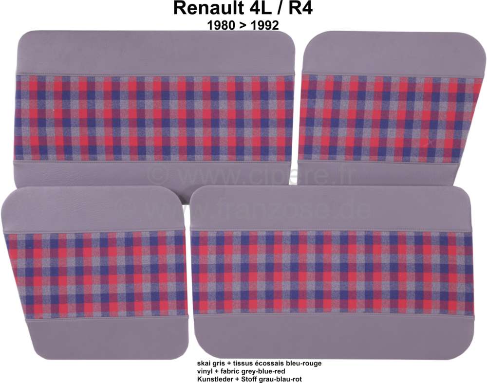 Renault - R4, Türverkleidung (4 Stück), aus Kunstleder + Stoff. Farbe: grau-blau-rot. Passend für