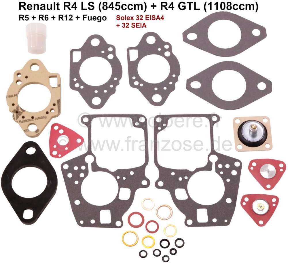 Renault - Vergaser Reparatursatz Solex 32 EISA4 + 32 SEIA. Passend für Renault R4LS (845ccm) + R4 G