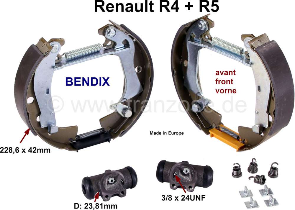 Renault - Bremsbacken vorne (Bremsensatz, mit 2x Radbremszylinder + Bremsbacken). Bremssystem: Bendi