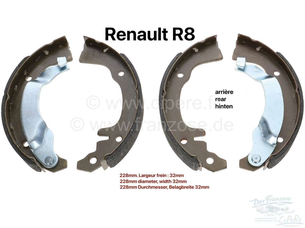 Renault - R8, Bremsbacken hinten. Durchmesser 228mm. Belagbreite: 32mm. Passend für Renault R8.