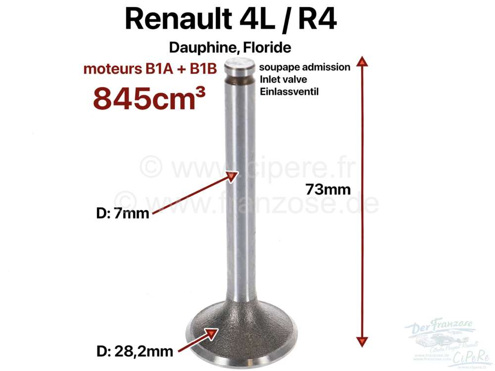 Alle - Einlassventil, passend für Renault R4, Dauphine, Floride. Motoren: B1A + B1B, 845ccm. Dur