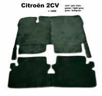 Citroen-2CV - Teppichsatz in Velour. Farbe: dunkelgrün (vert anglais), hellrau (Gris clair) eingefasst,